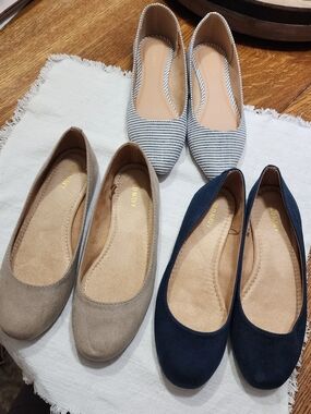 3 Pair!! Old Navy Women's Ballet Flats in Navy, Taupe, and Striped Canvas